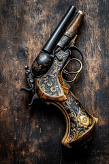 Vintage flintlock pistol with ornate design from medieval times displayed on wooden surface