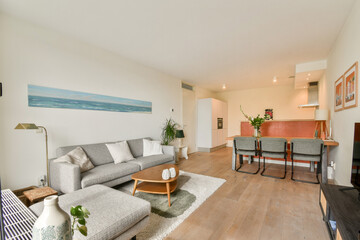 A stylish and contemporary living room featuring a cozy sofa, minimalistic decor, and a well-lit ambiance, perfect for relaxation and socializing.