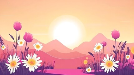 Fototapeta premium A beautiful scene of flowers mountains and a vibrant sunset