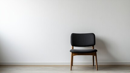 Ebony chair on light wood floor against white wall 
