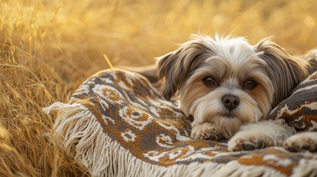 Serene dog close-up on decorated textile with fringe details, compassionate human interaction, golden grass background, lifestyle pet photography, earthy color scheme, romantic outdoor setting