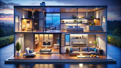 Modern Architectural Design of Stylish Home at Dusk with Garden