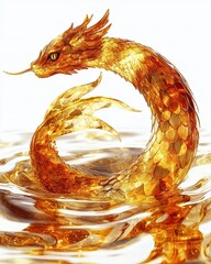 Farm animal close-up A captivating golden dragon gracefully swimming in serene water, showcasing its elegant design and mythical charm.
