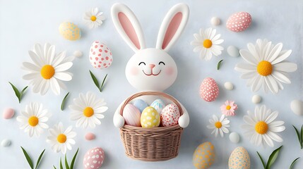 Obraz premium A 3D cartoon Easter bunny holding a basket of pastel eggs, cute and whimsical design.