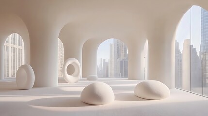 A Modern Interior Featuring Abstract Sculptures and City Views