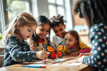 Diverse Group of Elementary School Children Learning About Butterflies in Bright Classroom Kids Drawing Monarch Butterfly with Teacher During Educational Science Activity Zero Discrimination Day