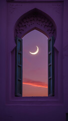 Fototapeta premium Peaceful Crescent Moon Over Arabic Mosque Design with a Rich Purple Twilight Sky at Sunset Exterior Islamic Architecture Building Design Inspiration