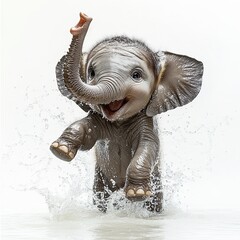 A joyful baby elephant splashes playfully in water, showcasing its playful spirit and love for nature.