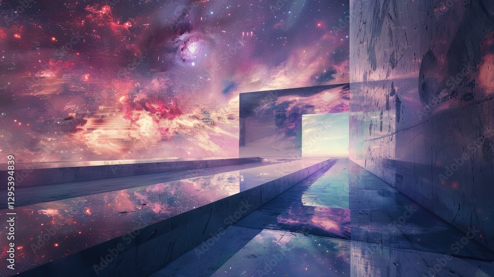 Poster abstract glowing cube structure in a sci fi landscape at sunset. digital artwork of 3d rendering cub
