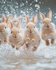 Farm animal close-up A lively group of rabbits splashing through water, showcasing their playful nature and energetic spirit.
