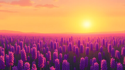 A vast lavender field under a golden sunset, with soft purple hues blending into the horizon. The air is filled with a sense of calmness and relaxation. Highly detailed.