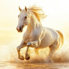 Farm animal close-up A majestic white horse galloping through shimmering water at sunset, embodying freedom and grace.
