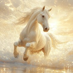 Farm animal close-up A majestic white horse gallops through shimmering water at sunset, embodying grace and beauty in nature.
