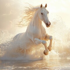 Farm animal close-up A majestic white horse gallops through splashing waves, showcasing beauty and freedom against a stunning backdrop.