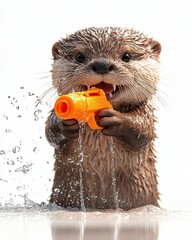 Farm animal close-up A playful otter holding a water gun in a splash of water, showcasing fun and joy in nature.
