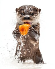 Farm animal close-up A playful otter joyfully holding an orange object while splashing in the water, showcasing its playful nature.