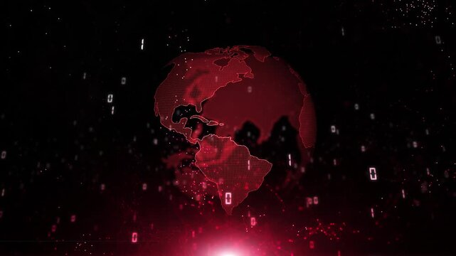 Red digital earth planet with binary numbers loop animation.