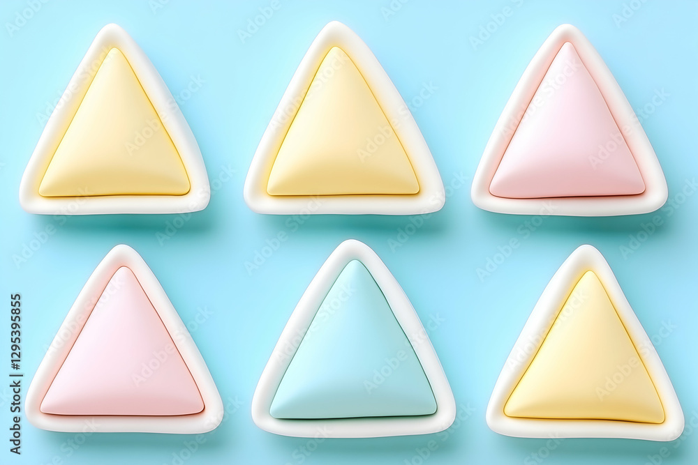 Poster pastel triangular objects in white holders on a light blue background. perfect for minimalist design