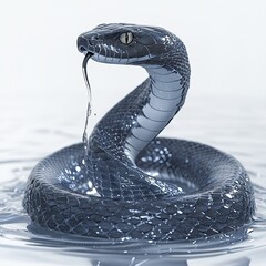 Farm animal close-up A striking black snake emerges from water, showcasing its sleek body and flicking tongue in a serene environment.