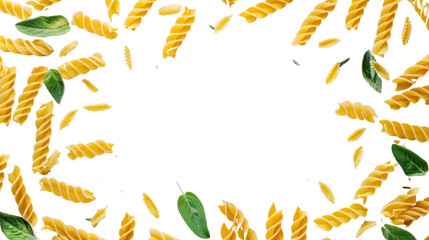 Fusilli pasta and sage leaves falling on transparent background