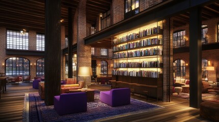Elegant library lounge with books and comfortable seating areas