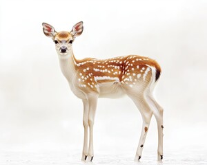Farm animal close-up A young deer stands gracefully with a soft expression, showcasing its delicate features and spotted coat.