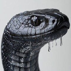 Farm animal close-up Detailed close-up of a black snake's head, glistening with water drops, showcasing its unique texture and beauty.