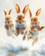 Farm animal close-up Three adorable rabbits jumping through splashes of water, capturing the joy of nature in a playful moment.