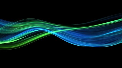 Electric blue and neon green swirling light trails, smooth abstract energy, futuristic glowing waves, radiant digital motion