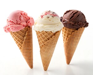 Three scoops of delicious ice cream in waffle cones.
