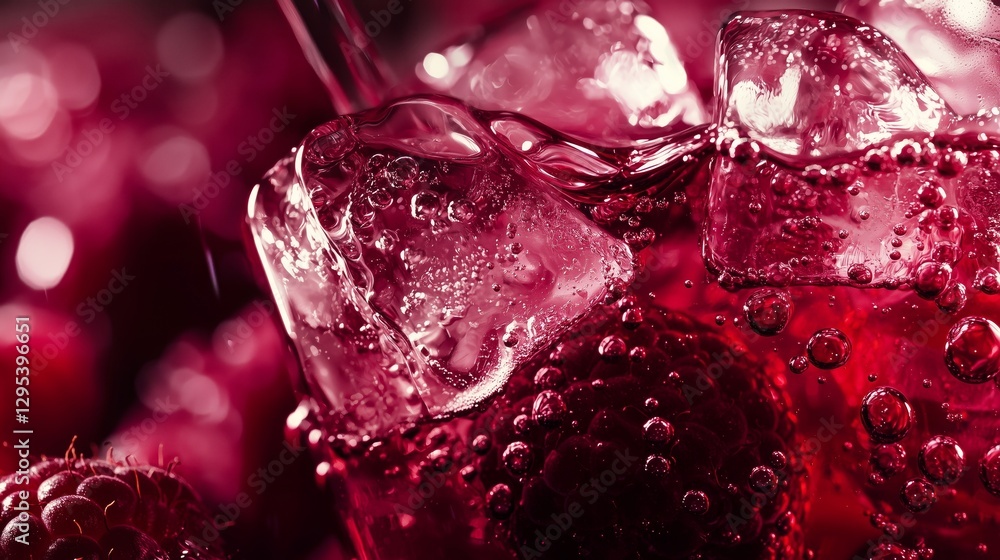 Poster macro shot of deep magenta raspberry soda with ice and bubbles