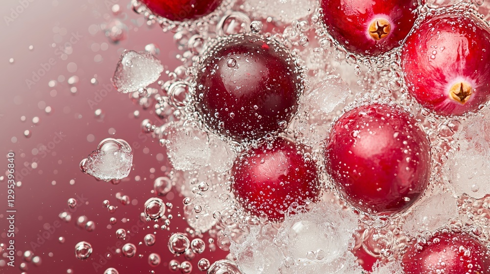 Poster macro view of floating cranberries in sparkling water bubbles