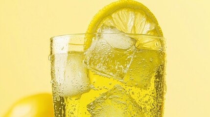 Vibrant Lemon Soda with Ice and Fresh Lemon Slice in Macro Shot