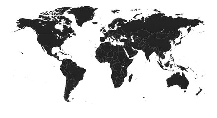 World Map Illustration in Black and White Displaying Country Borders