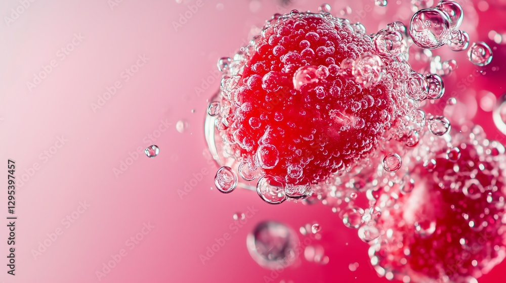 Poster macro view of floating fizzy fruits in a colorful bubble burst
