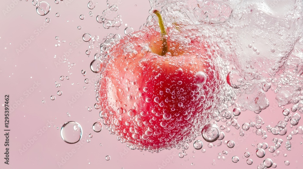 Aufkleber macro shot of red apple floating in fizzy bubbles in pink background