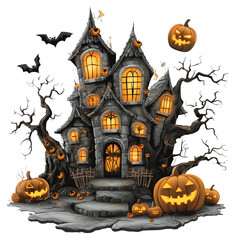 A grand, eerie medieval castle on a foggy hill, illuminated by a full moon. The castle's stone walls are aged and covered on transparent png background. Ai generated