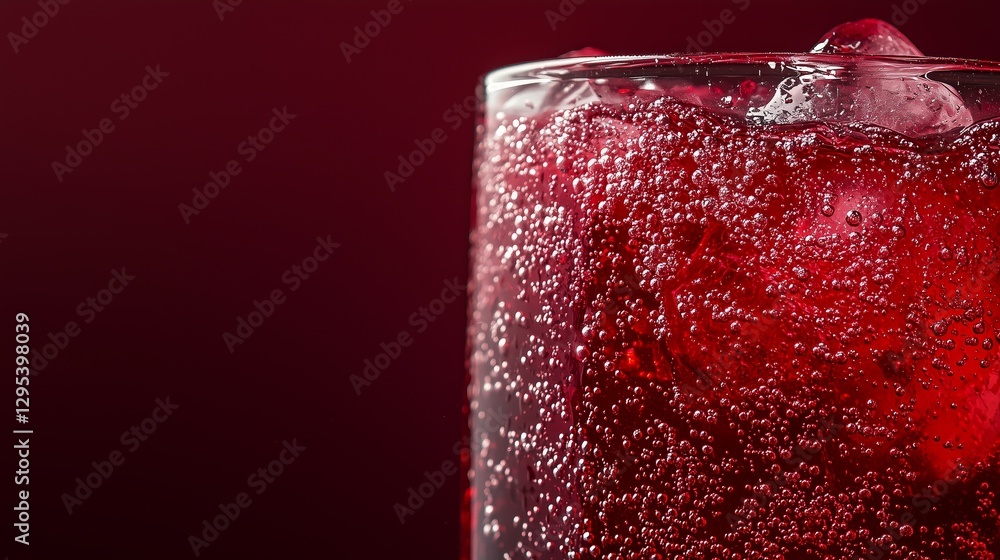 Poster close-up of sparkling ruby pomegranate soda with ice cubes
