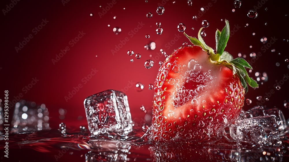 Poster macro view of strawberry half floating in sparkling water with ice