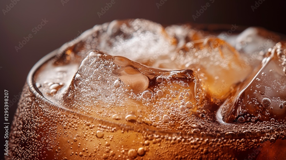 Poster macro shot of sparkling cola drink with ice cubes and bubbles