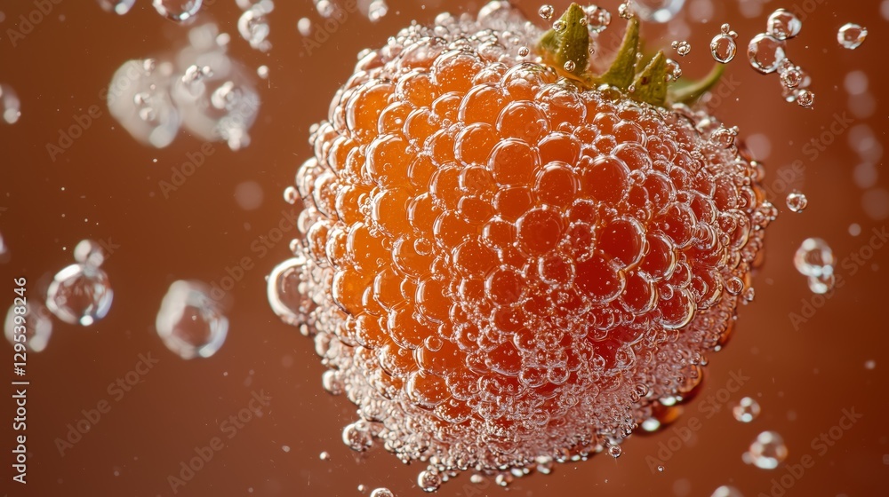 Poster macro view of a single cloudberry floating in bubble water