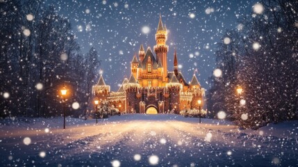 Obraz premium Fairytale castle illuminated with lights during a winter snowfall