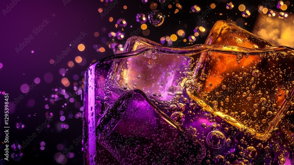 Poster macro view of plums and ginger soda with bubbles and ice cubes