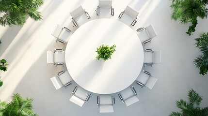 Aerial View of a Modern Conference Room with Round Table and White Chairs