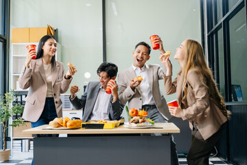 Lively office party with coworkers celebrating, enjoying pizza and drinks, and fostering team spirit