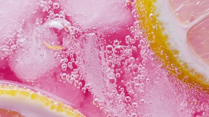 Refreshing Macro Shot of Pink Lemonade Soda with Bubbles and Ice
