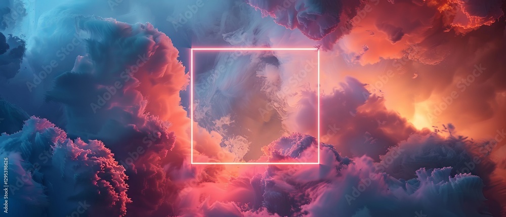 Poster abstract futuristic 3d rendering of neon geometric shapes and stormy clouds in a night sky, featurin