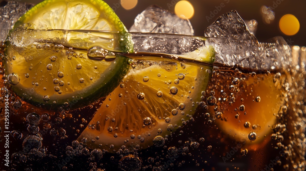 Poster refreshing citrus infusion in cola with slices of lemon and lime