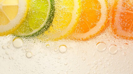Macro Shot of Frozen Citrus Slices in Sparkling Soda Drink