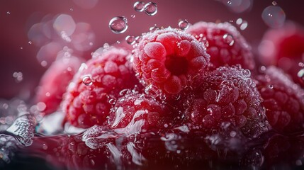Macro Shot of Raspberries Submerged in Bubbles and Water